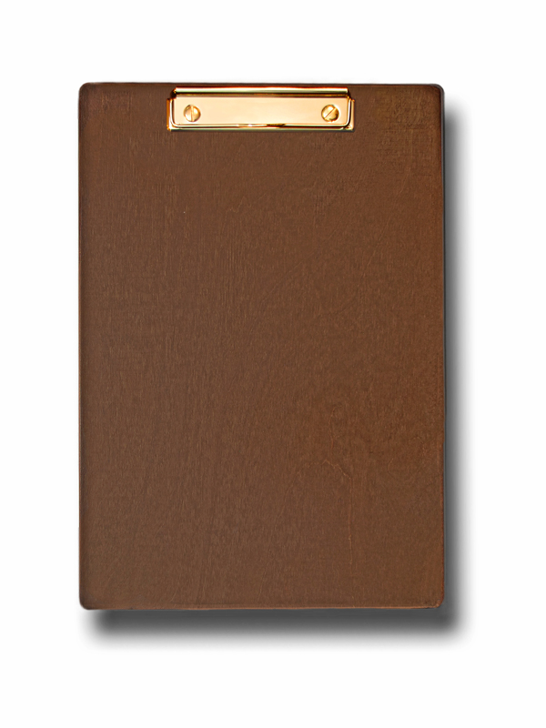 Klemmbrett Holz, A4, nussbraun dunkel, Drahtbügelklemme 120 in goldfarben