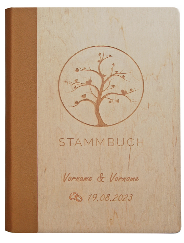 Personalisoertes Holz-Stammbuch mit Lasergravur Baum - Rücken aus hellbraunem, veganem Kunstleder - Vorderansicht