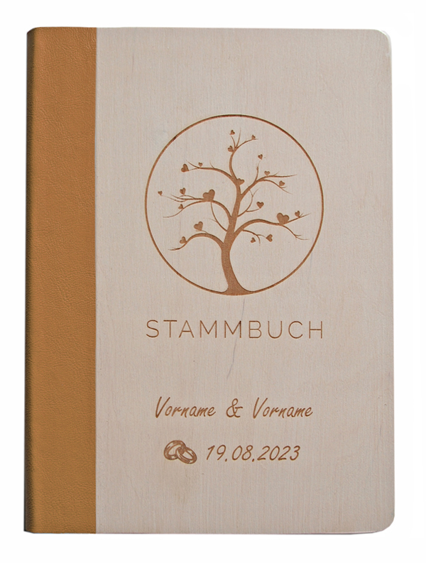 Personalisoertes, weißes Holz-Stammbuch mit Lasergravur Baum - Rücken aus hellbraunem, veganem Kunstleder - Vorderansicht