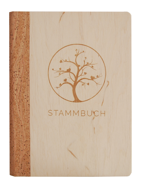 Stammbuch Holz in Farbe Natur mit Kork Rücken
