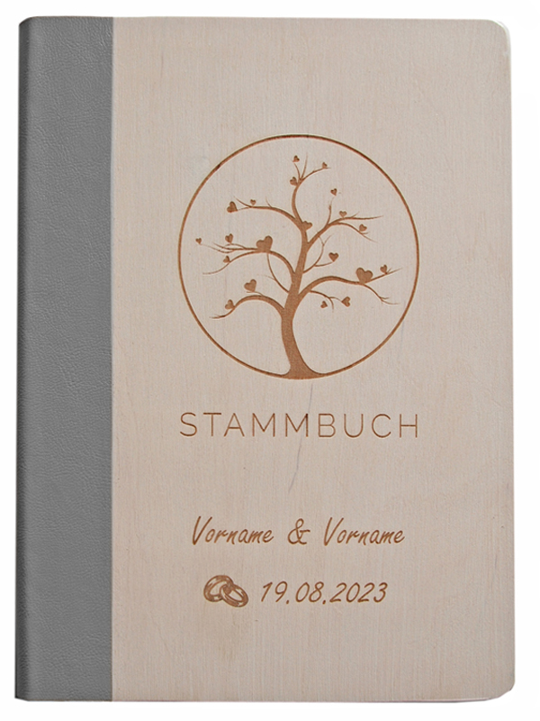 Personalisoertes, weißes Holz-Stammbuch mit Lasergravur Baum - Rücken aus grauem, veganem Kunstleder - Vorderansicht