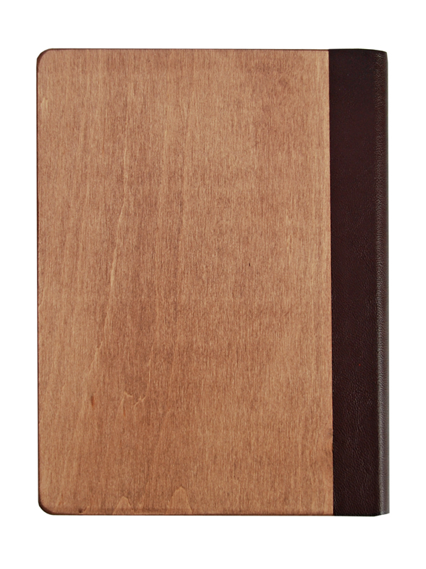 Rückansicht Holzstammbuch braun mit dunkelbraunem veganem Kunstlederrücken