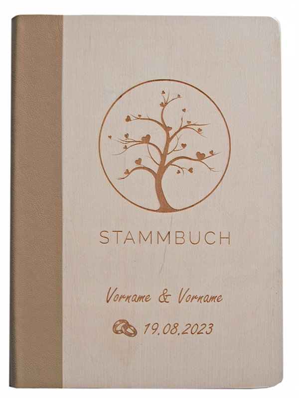 Personalisoertes, weißes Holz-Stammbuch mit Lasergravur Baum - Rücken aus beigem, veganem Kunstleder - Vorderansicht