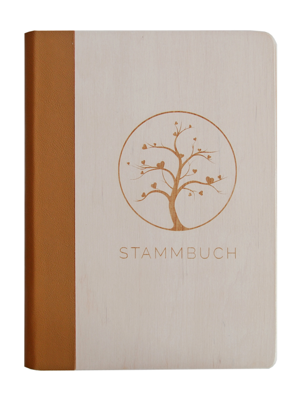 Stammbuch Holz in Farbe weiß mit hellbraunem Rücken