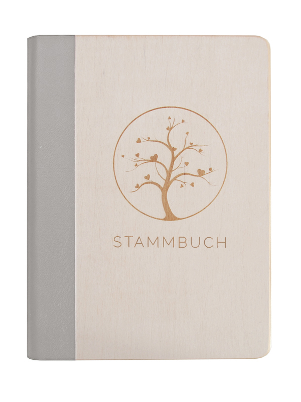 Holzstammbuch in weiß mit grauem Rücken und Gravur