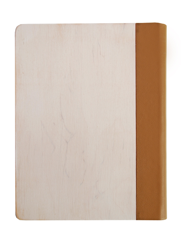 Rückansicht - weißes Holzstammbuch mit hellbraunem, veganem Kunstleder