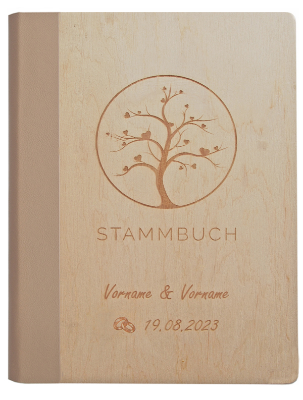 Personalisoertes Holz-Stammbuch mit Lasergravur Baum - Rücken aus beigem, veganem Kunstleder - Vorderansicht