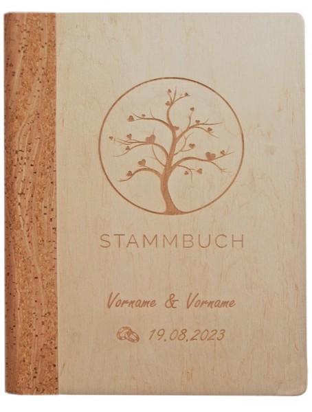 Personalisoertes Holz-Stammbuch mit Lasergravur Baum - Rücken aus Kork - Vorderansicht