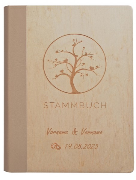 Personalisoertes Holz-Stammbuch mit Lasergravur Baum - Rücken aus beigem, veganem Kunstleder - Vorderansicht